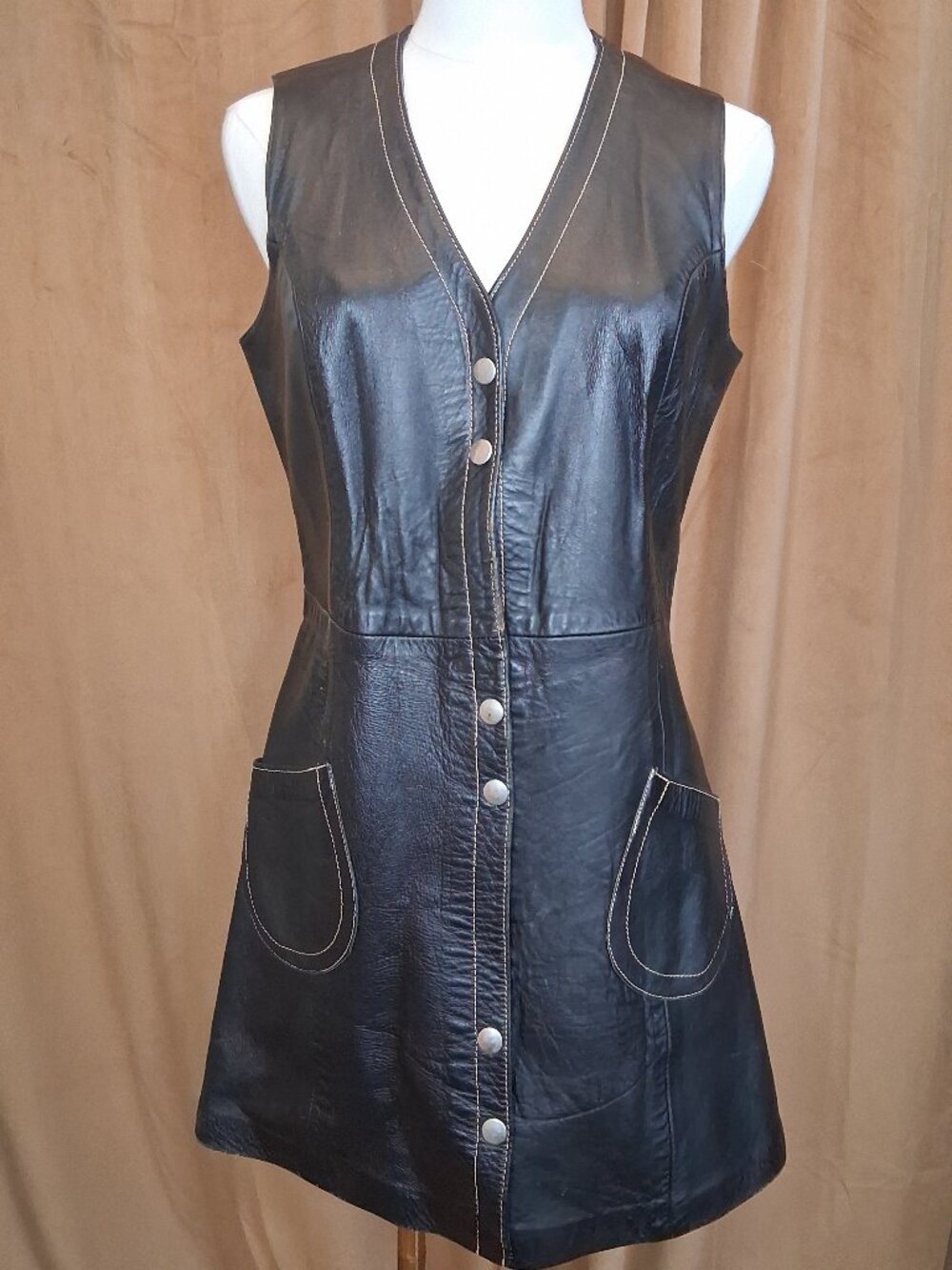 Vintage Black Long Leather Button Vest Size S
